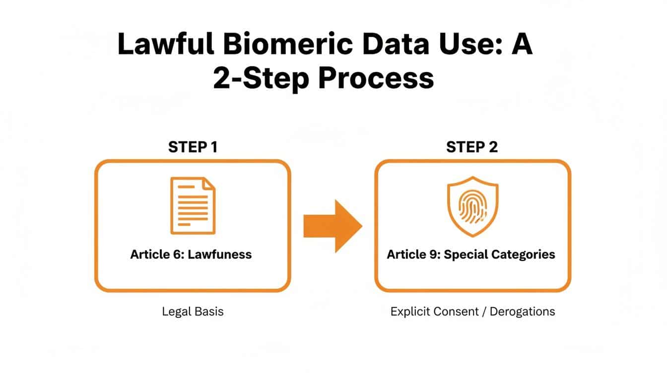 A two-step process diagram detailing lawful biometric data use with GDPR Articles 6 and 9.