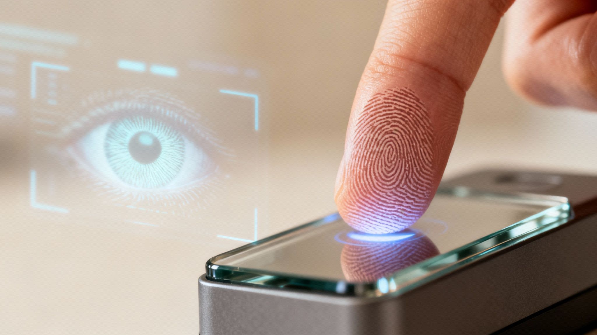 Fingerprint scan on a biometric device with an iris scan display, showing digital security.