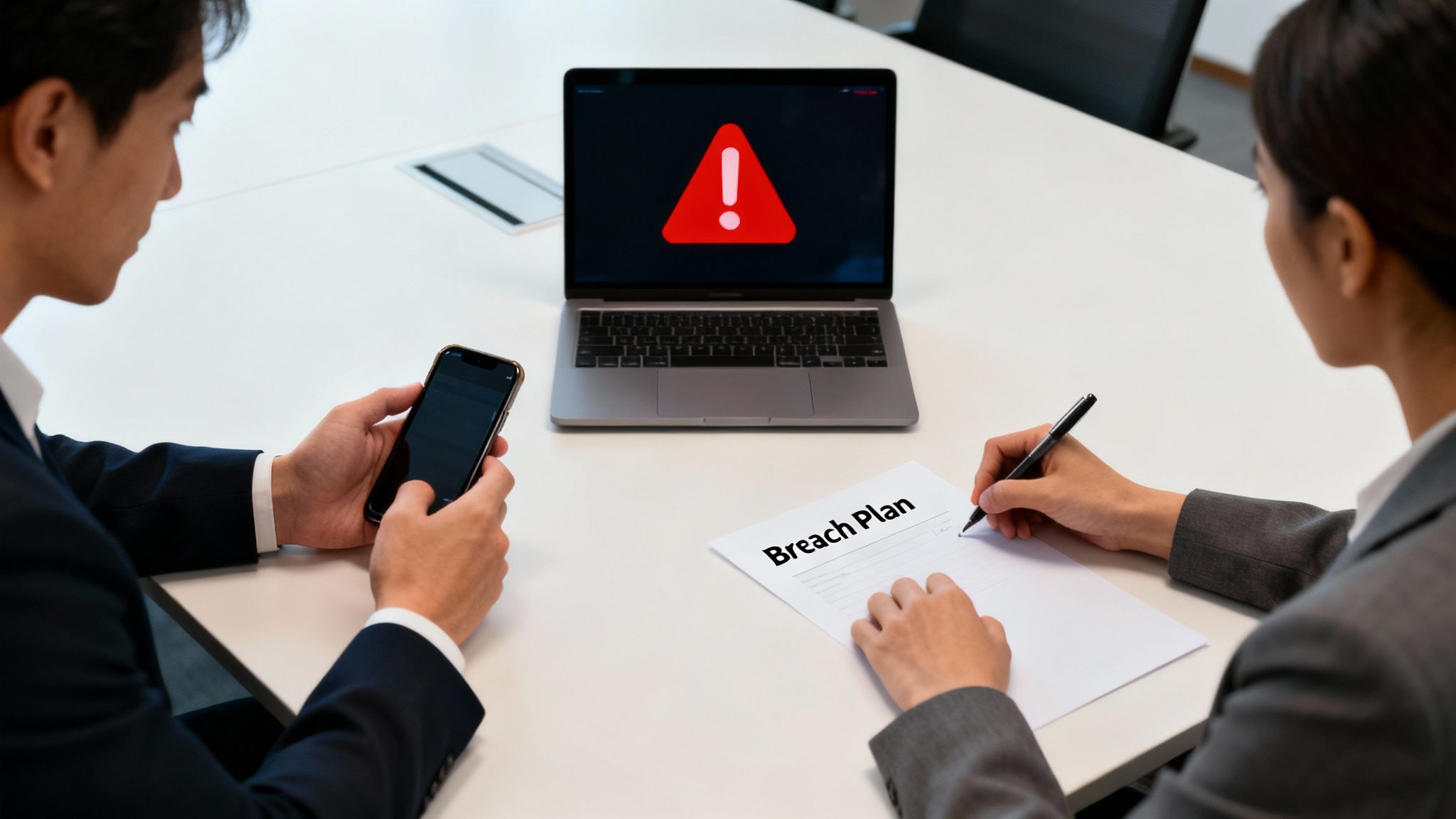 Two professionals review a laptop with a data breach warning and sign a breach plan.