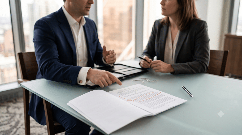 Employer and employee discussing a discretionary bonus scheme
