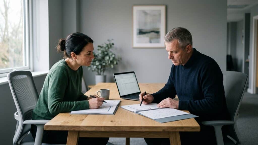 A facilities manager and a finance colleague comparing two open folders and a laptop