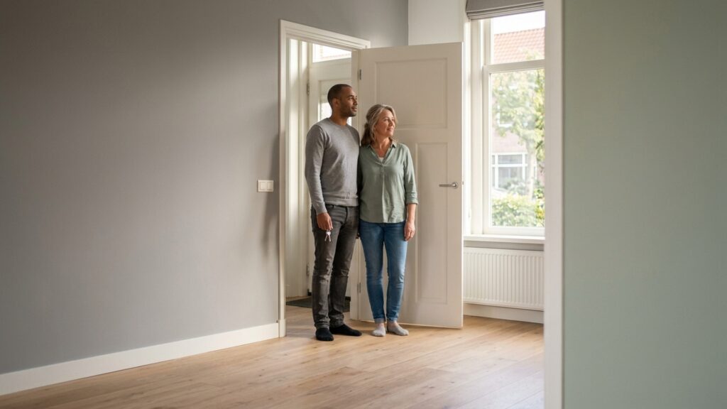 A couple standing in the doorway of an empty Dutch house holding the keys