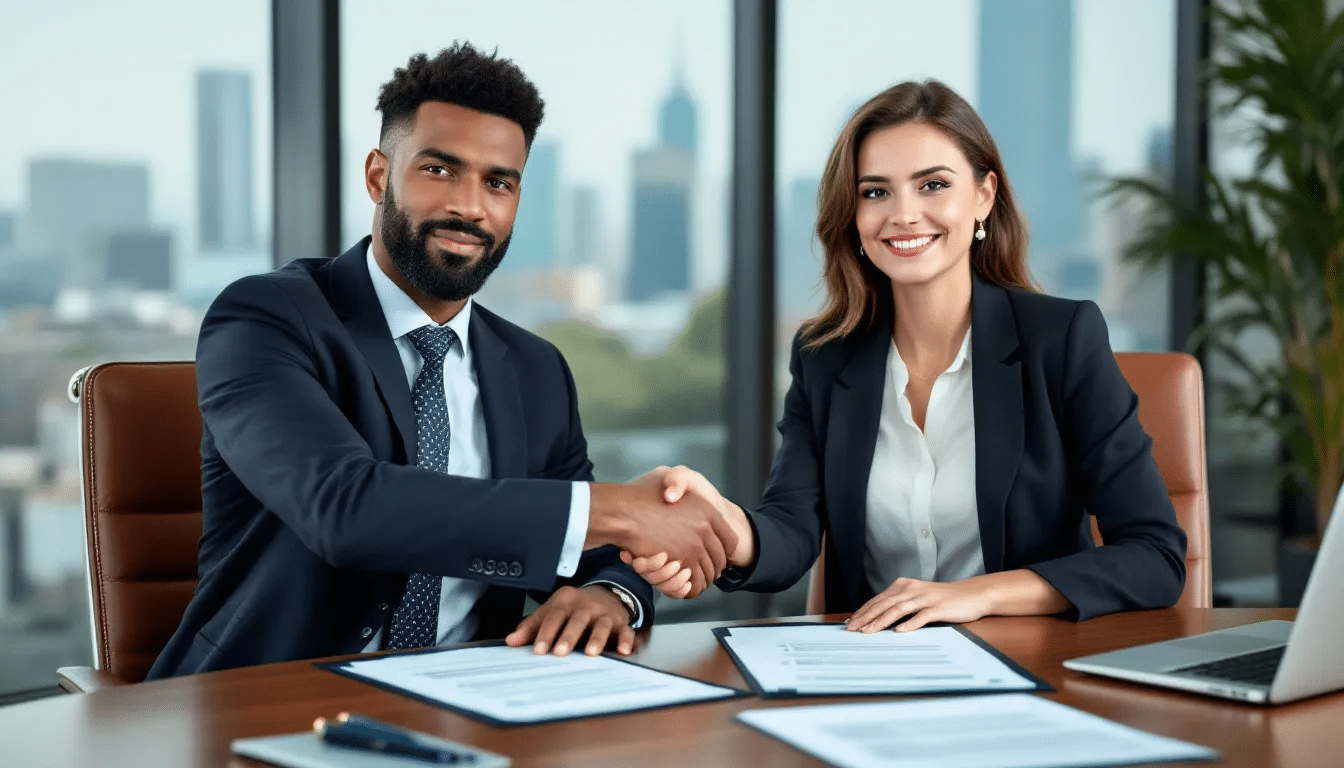 Twee zakelijke mensen uit verschillende landen schudden elkaar de hand boven internationale contractdocumenten, wat de totstandkoming van een internationale overeenkomst symboliseert. Deze handdruk vertegenwoordigt de samenwerking tussen professionele partijen en de toepassing van toepasselijk recht in het kader van internationale verdragen.