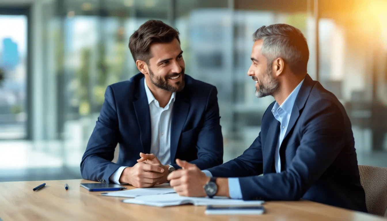 De afbeelding toont twee professionals die aan een tafel in gesprek zijn, mogelijk over een arbeidsconflict. Ze lijken betrokken te zijn bij een mediationtraject, waarbij ze werken aan een gezamenlijke oplossing en heldere afspraken maken om hun communicatie te verbeteren.