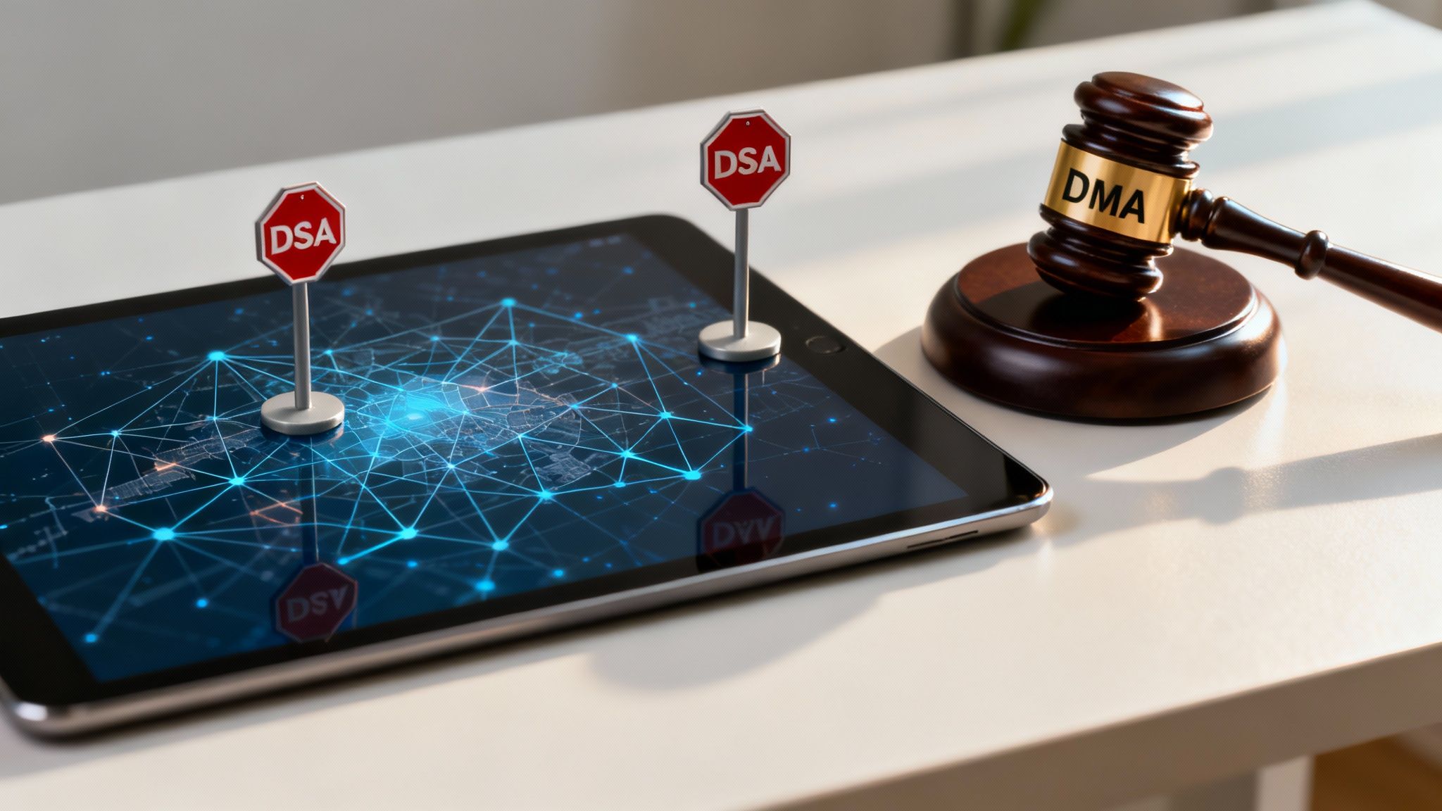 A stylised image of a gavel and a laptop, symbolising digital law and regulation