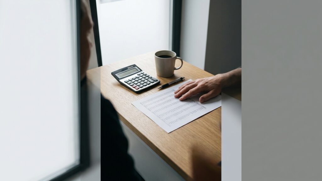 A calculator, a printed maintenance table and a pen on a desk while a parent works out child maintenance