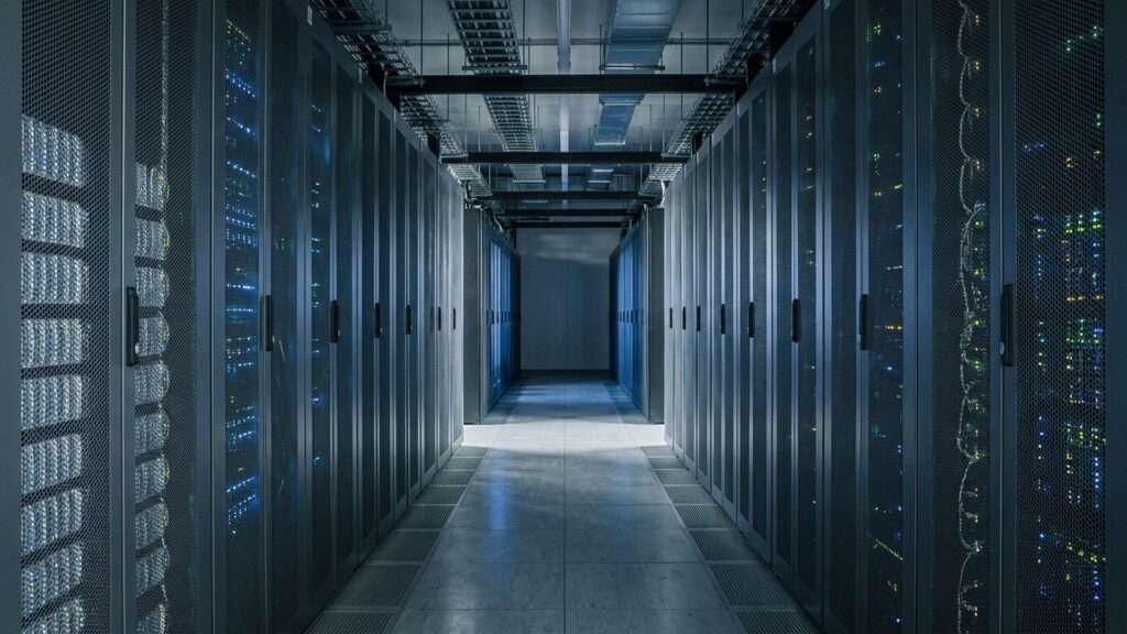 A quiet server room corridor lit by the racks, seen down its length