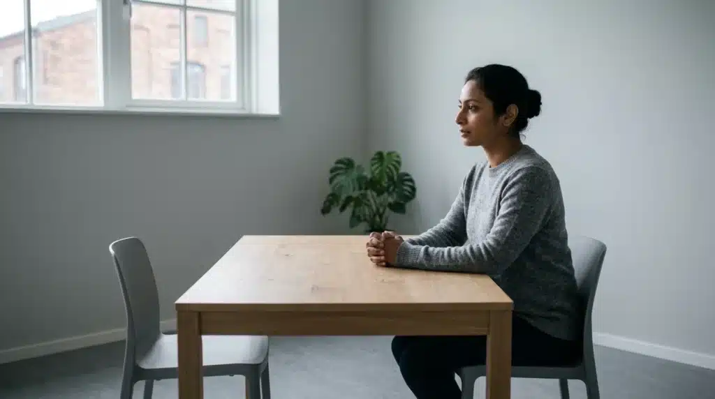 A woman sitting alone at a bare wooden table in a sparse room