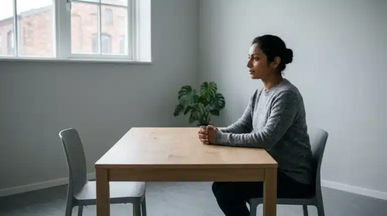 A woman sitting alone at a bare wooden table in a sparse room