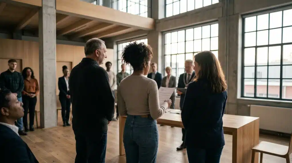 A group of people standing together in a large industrial hall