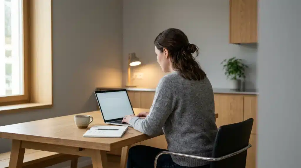 A woman working on a laptop at a wooden table with a mug beside her