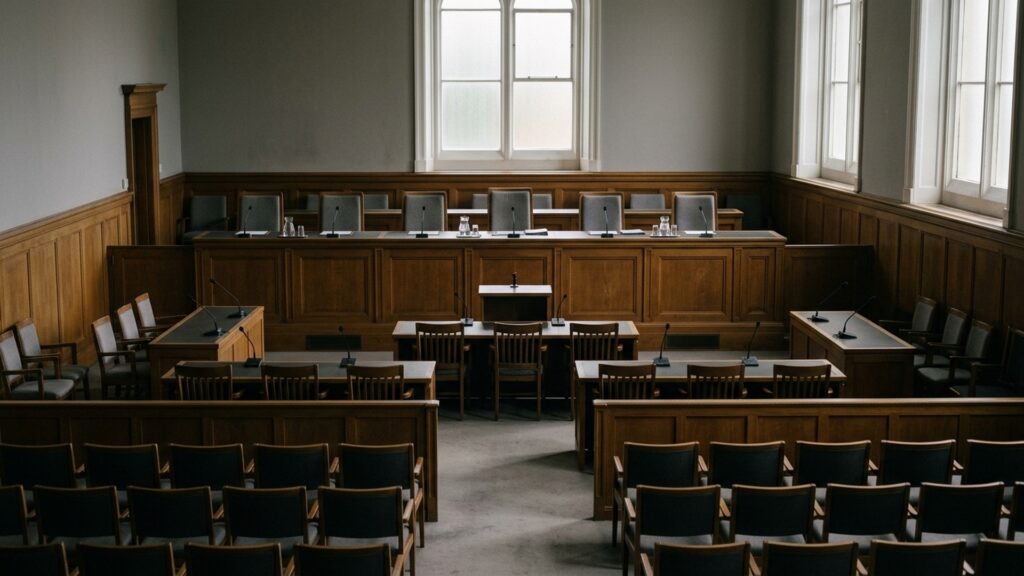 An empty formal hearing room with a long bench and daylight from high windows