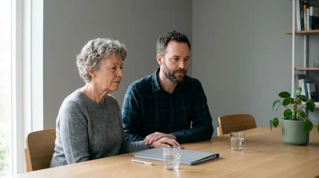 An older woman and a man seated at a table with a folder in front of them