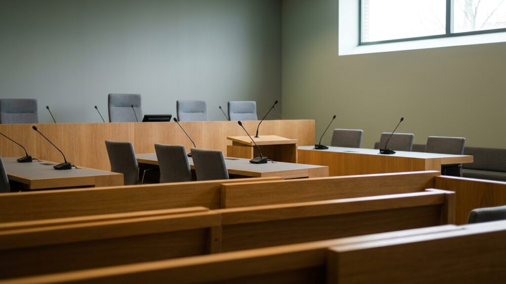 An empty Dutch courtroom seen from the public benches before a criminal hearing
