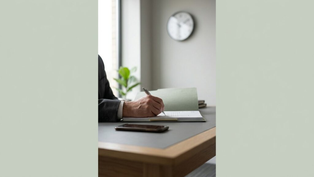 A criminal defence lawyer's desk with an open case file and a hand making a note