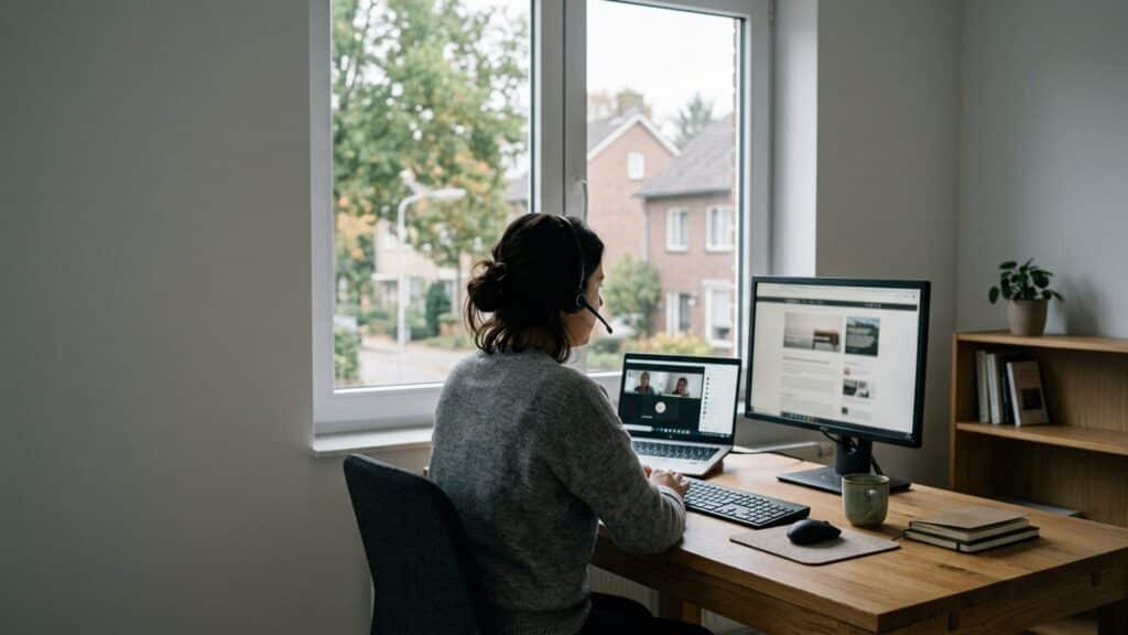 A home office with a laptop, headset and second screen, one person mid-call seen from behind