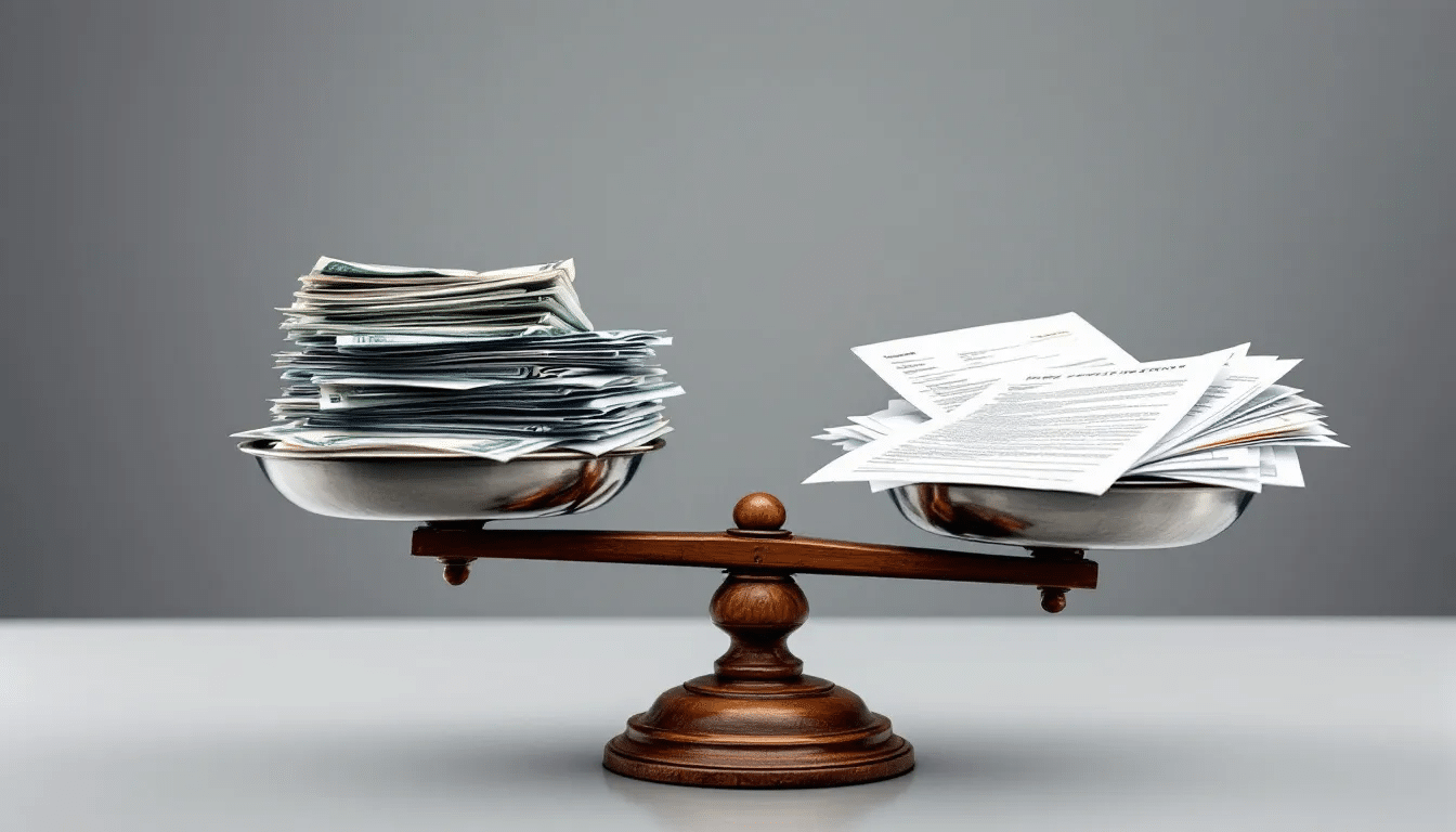 A balanced scale with money on one side and documents on the other, representing the assessment of liability and compensation under Dutch law.