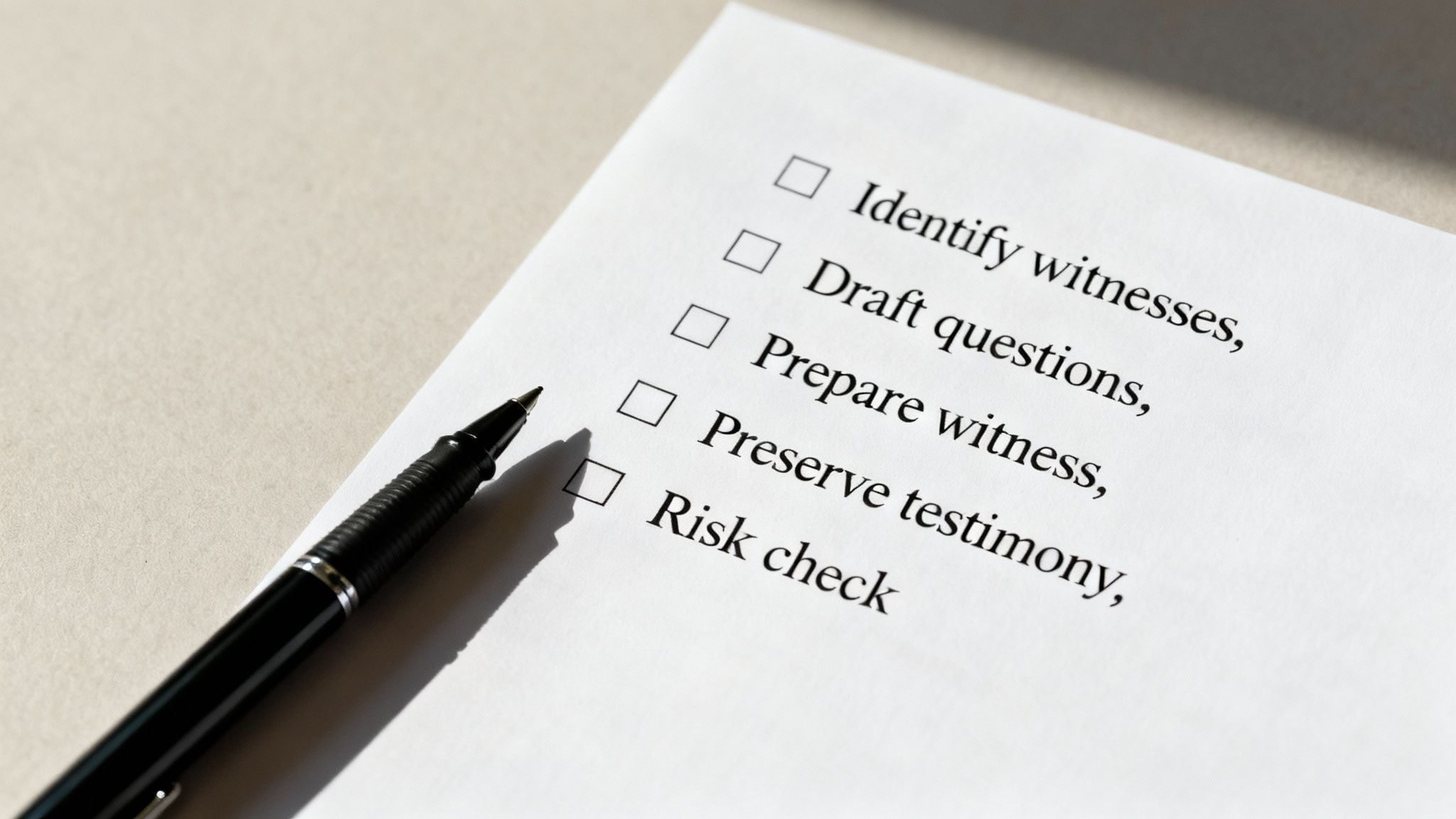 A person writing on a checklist with a pen, symbolising meticulous legal preparation.