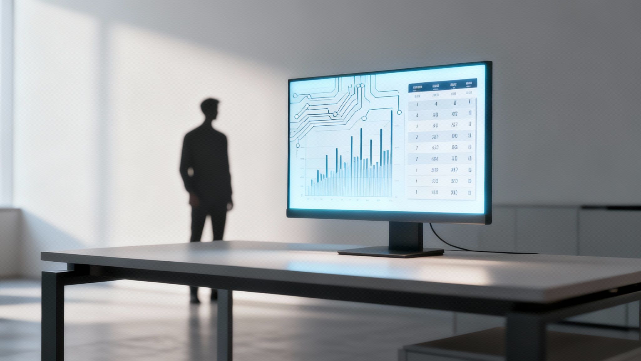 A robot and a human shaking hands over a business desk