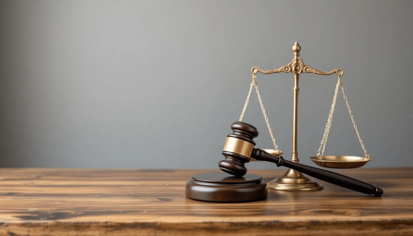 Een houten hamer en een set weegschalen staan op een bureau, wat symbool staat voor juridische autoriteit en het opleggen van sancties. Deze afbeelding vertegenwoordigt de principes van internationale vrede en de regelgeving rondom economische sancties door instellingen zoals de Verenigde Naties en de Europese Unie.