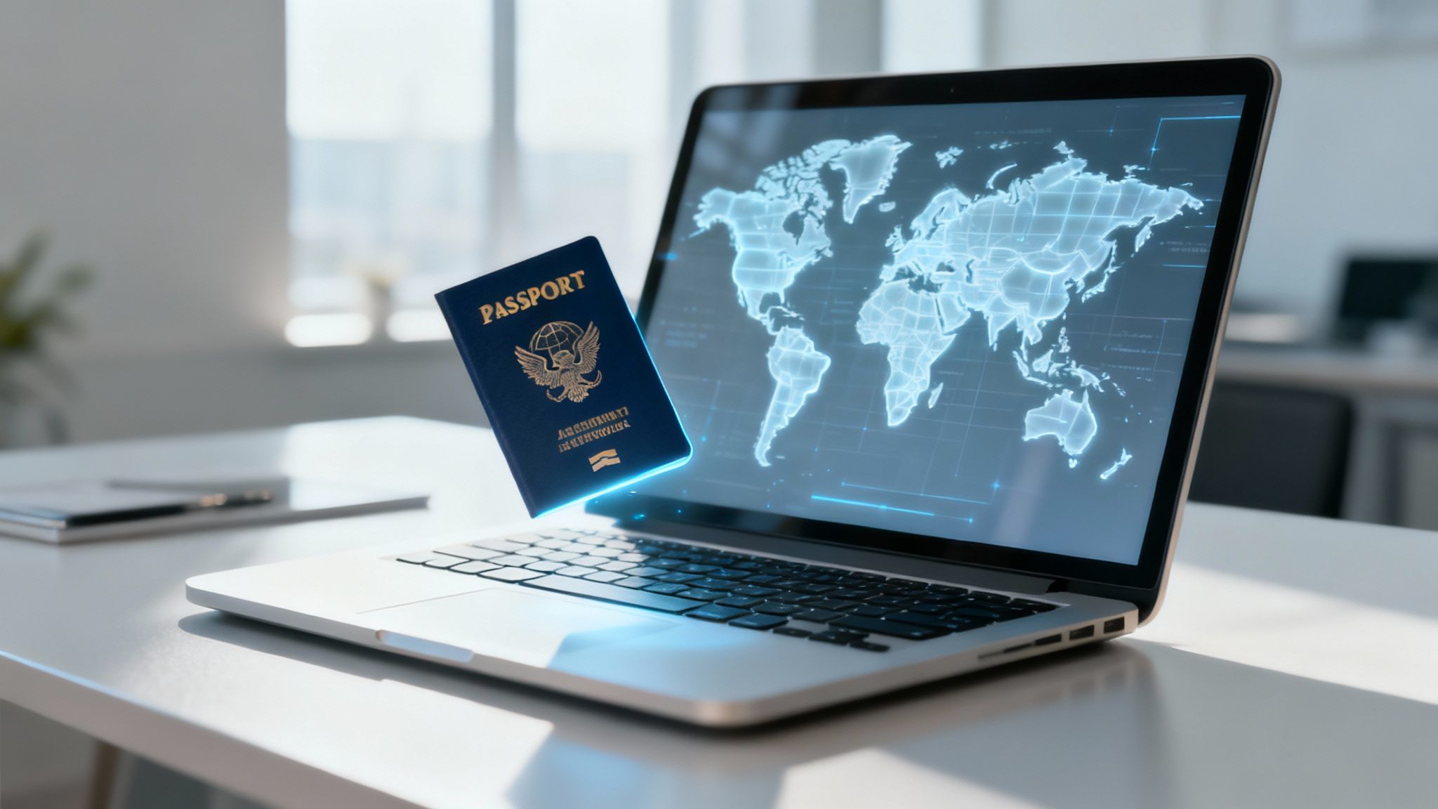 A person working remotely on a laptop with a world map graphic in the background
