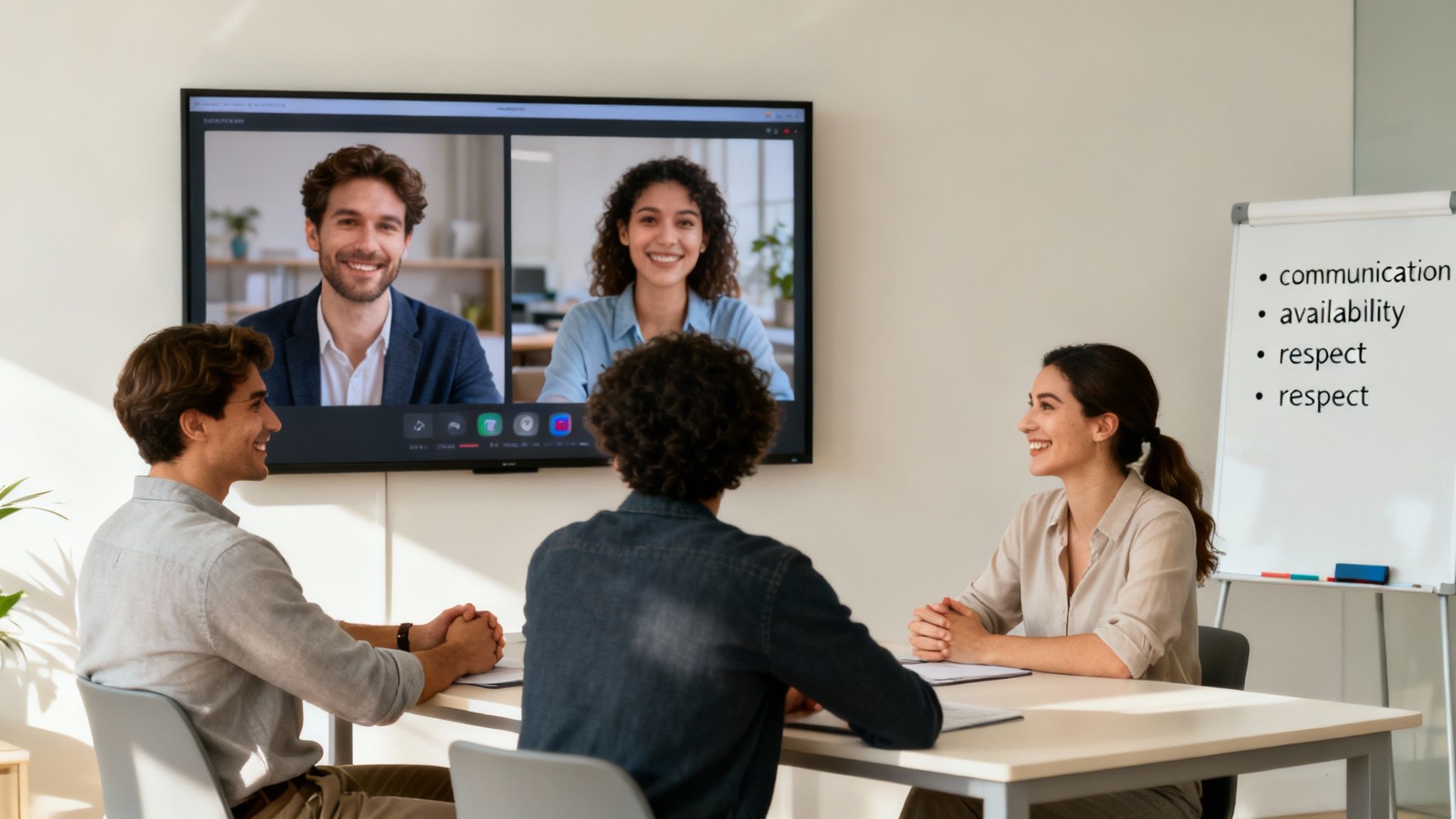 A group of diverse colleagues working together in a bright, modern office space with plants, smiling and collaborating.