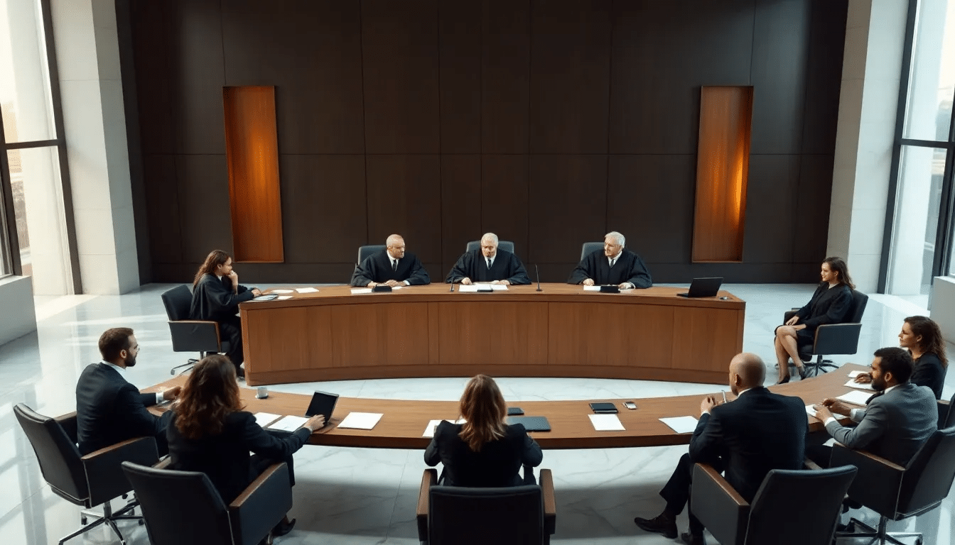 In de rechtszaal zijn rechters en advocaten bezig met de bespreking van de procedure en case management van een strafzaak. Ze overleggen over de inhoudelijke behandeling, waarbij onderwerpen zoals de voorlopige hechtenis en onderzoekswensen aan bod komen.