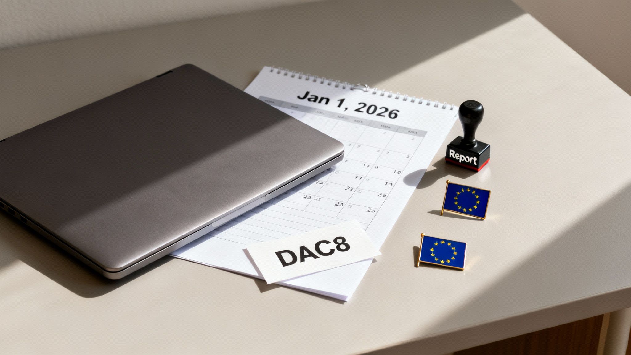 Desk with laptop, calendar (Jan 1, 2026), 'DAC8' card, 'Report' stamp, and EU flags, for tax reporting.
