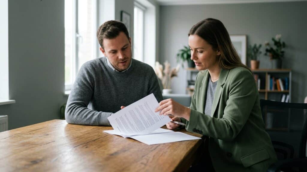 Two people going through a printed data processing agreement at a meeting table