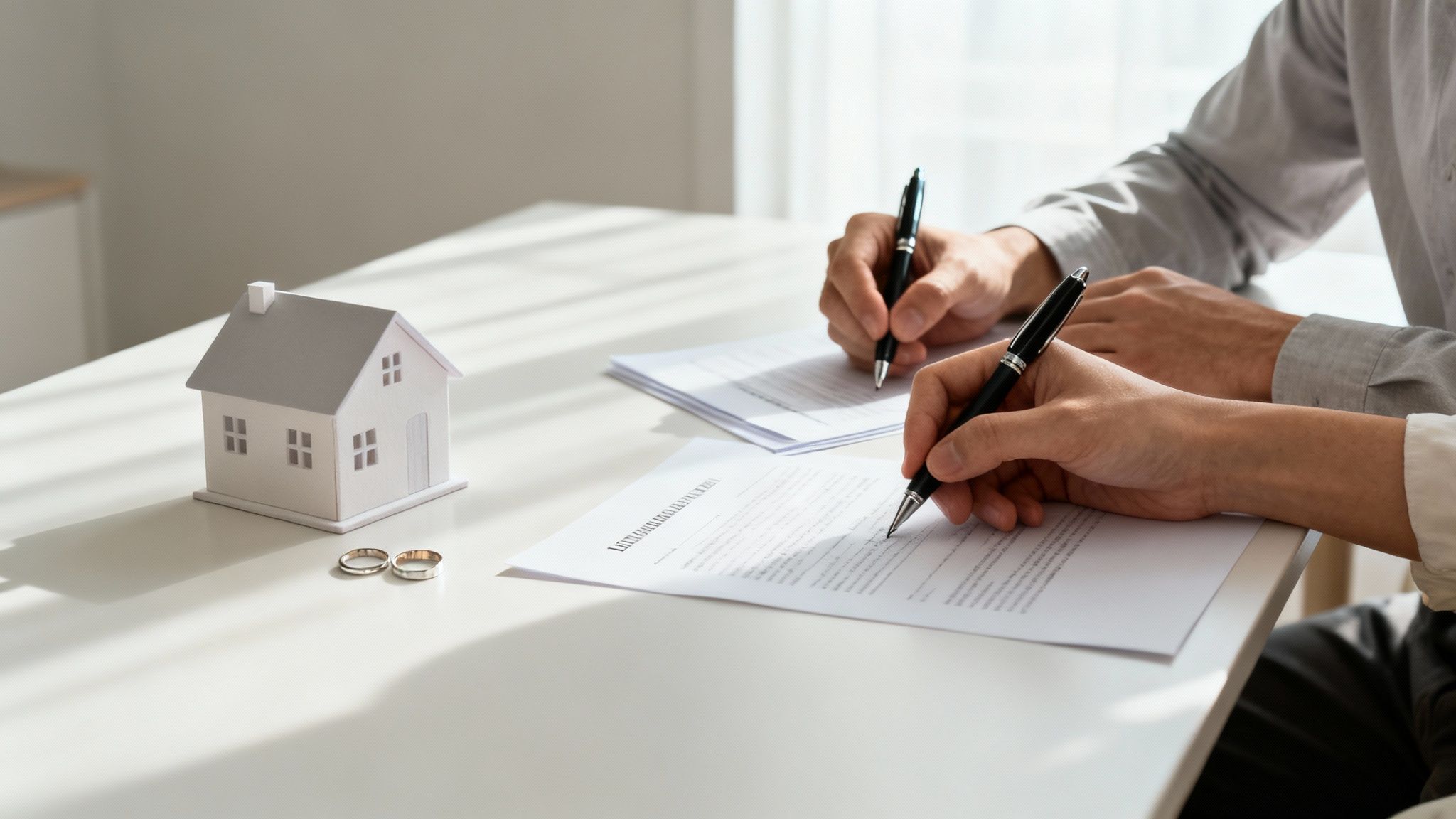 Two people signing legal documents on a table with a house model and wedding rings.