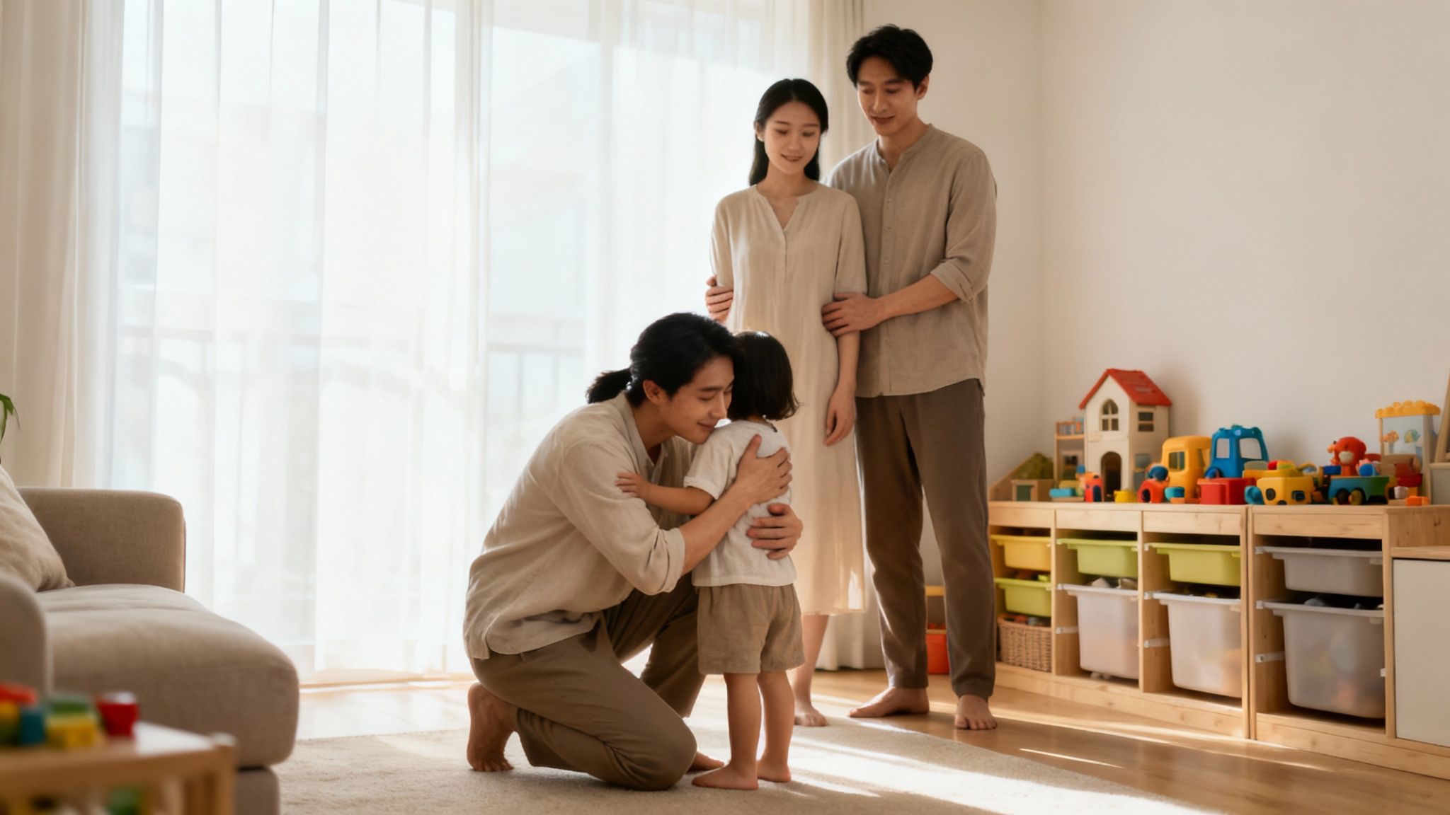 An Asian father embraces his child while the mother watches, in a sunlit home.