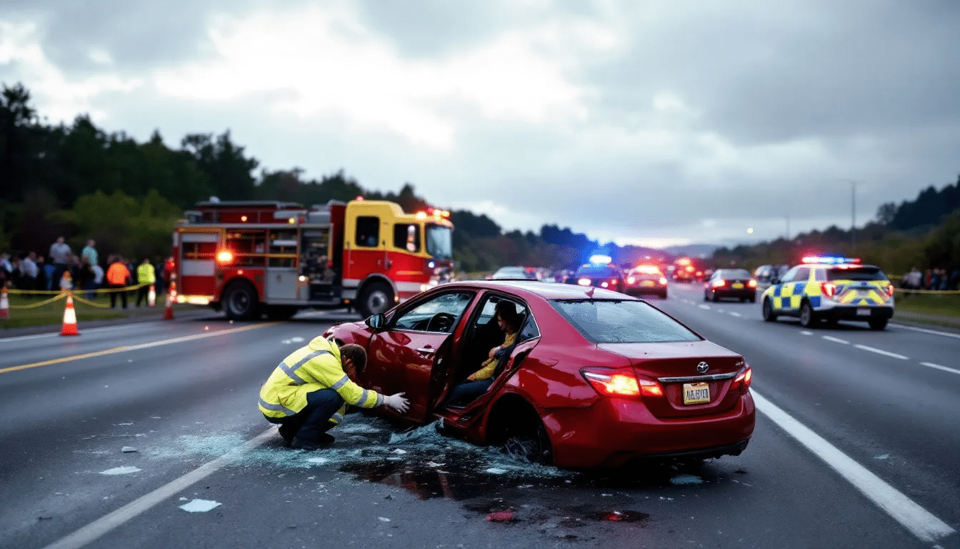 Een auto-ongelukssituatie is te zien, met meerdere hulpvoertuigen zoals politie en ambulances ter plaatse. De betrokkenen, waaronder slachtoffers en mogelijk verdachten, worden behandeld terwijl justitie en de openbare aanklager zich voorbereiden op verdere vervolging en het indienen van een proces verbaal.