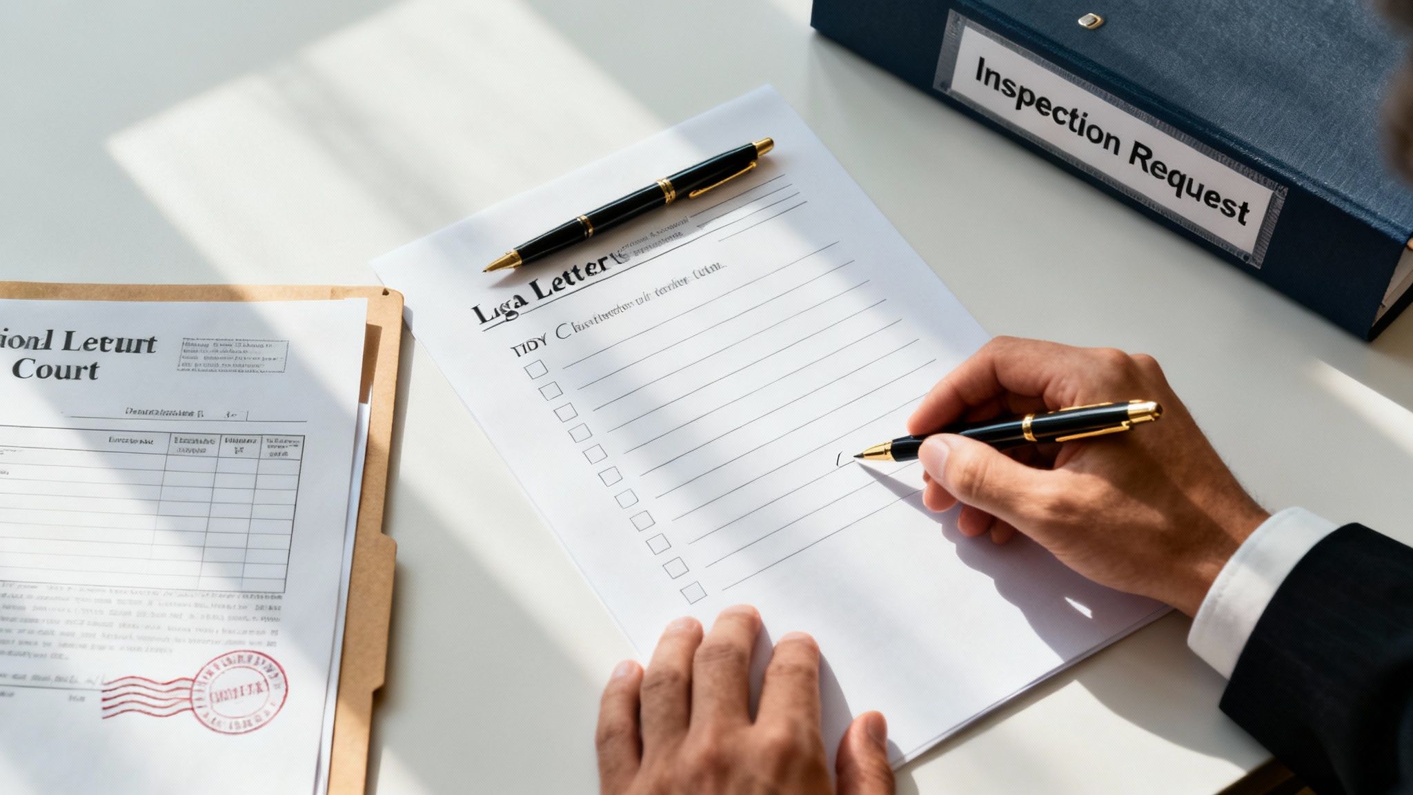 A person at a desk reviewing documents with a checklist, representing a strategic legal process.