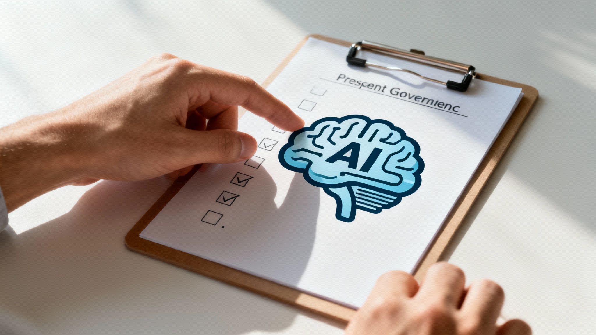 A person's hand placing a wooden block with a 'responsibility' icon onto a structure, symbolizing building a framework for AI ethics and accountability.
