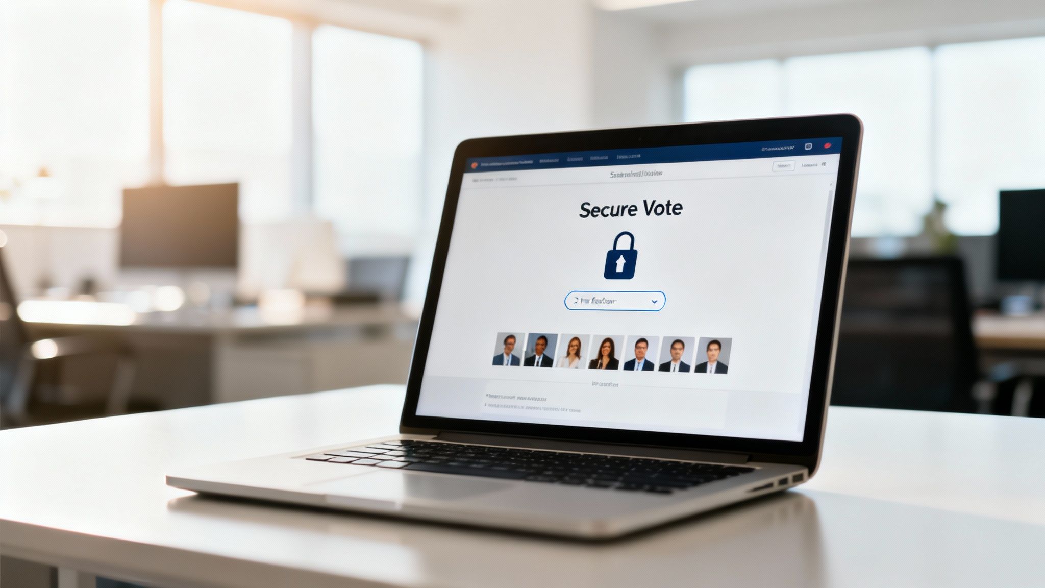A laptop displaying a secure electronic voting interface for a shareholders meeting.