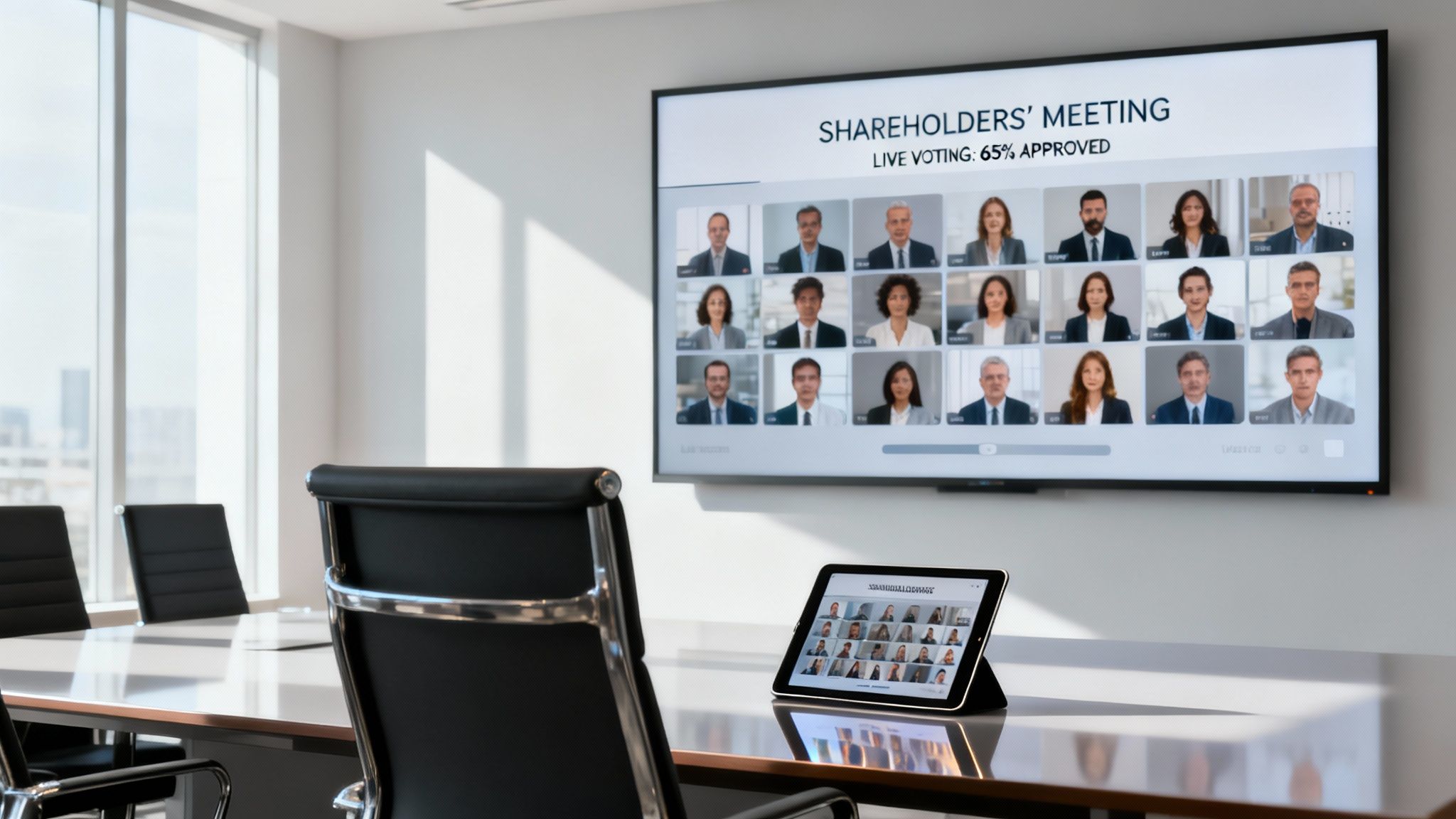 A conference room with a large screen showing participants in a digital shareholders meeting.