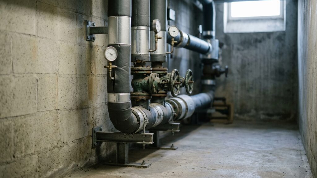 Insulated pipework and gauges in the district heating substation of a residential block