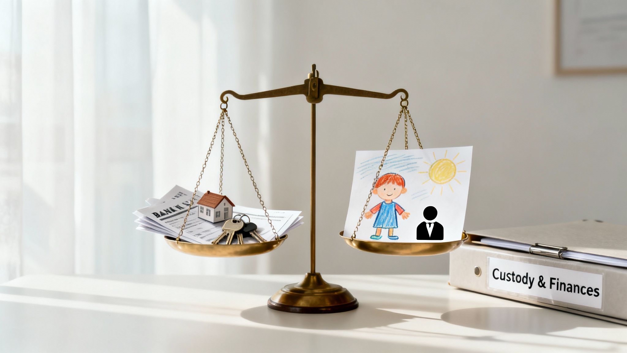 A justice scale balancing financial assets like a house and keys with a child's drawing and a lawyer icon, next to a "Custody & Finances" folder.