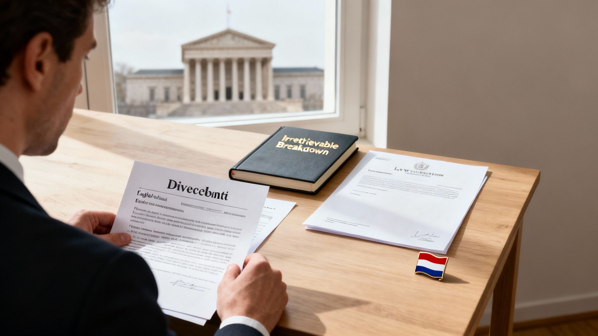 A man reads divorce papers at a desk with a book titled 'Irretrievable Breakdown' and a Dutch flag pin.