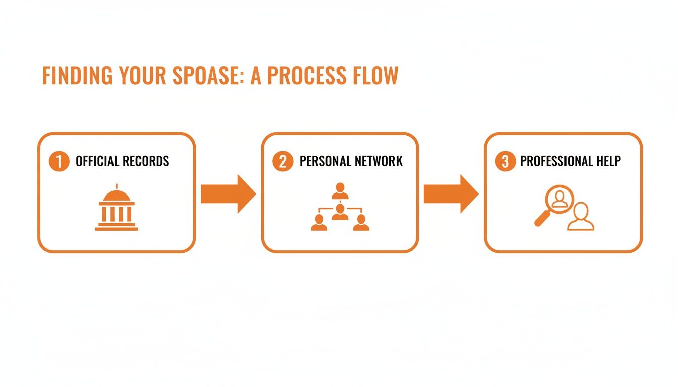 A process flow diagram illustrating three steps for finding a spouse: official records, personal network, and professional help.