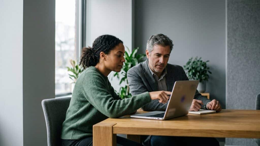 A brand manager and a lawyer reviewing a domain name registration together on a laptop