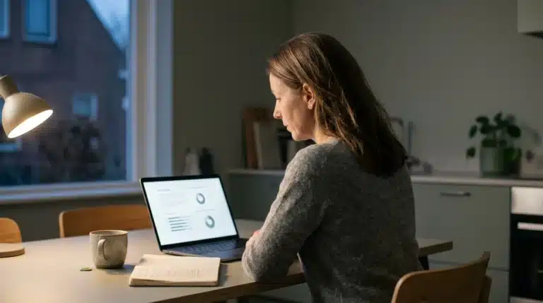 Žena radi na laptopu za stolom osvijetljenim stolnom lampom