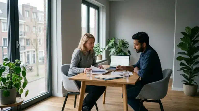 A woman and a man reviewing papers and a laptop at a table beside tall windows