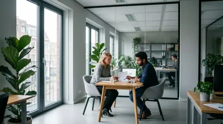 A bright open-plan office with people seated at a table beside floor-to-ceiling windows