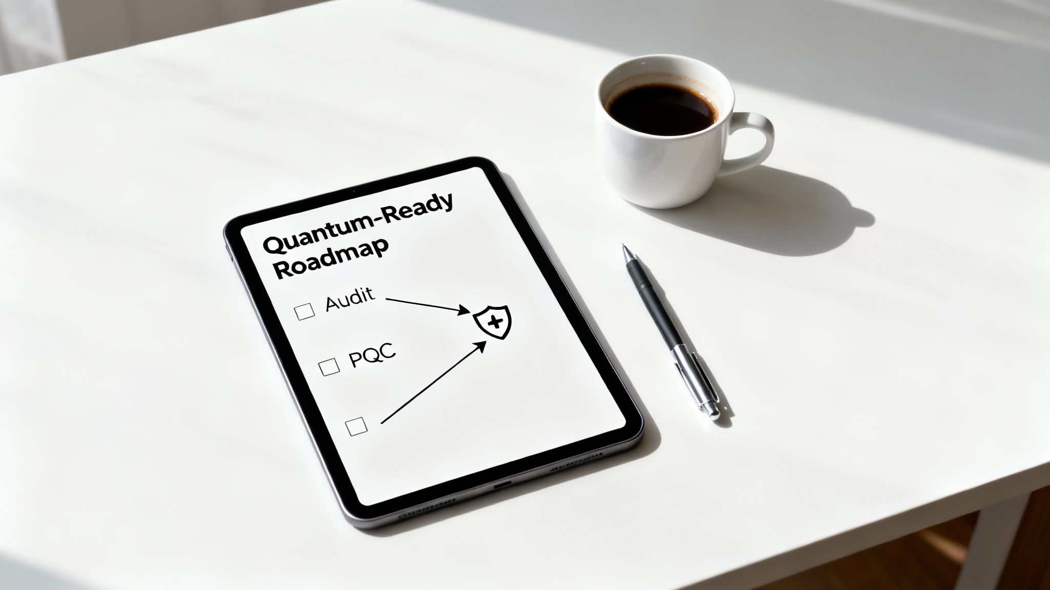 A strategic roadmap with markers indicating progress towards quantum readiness