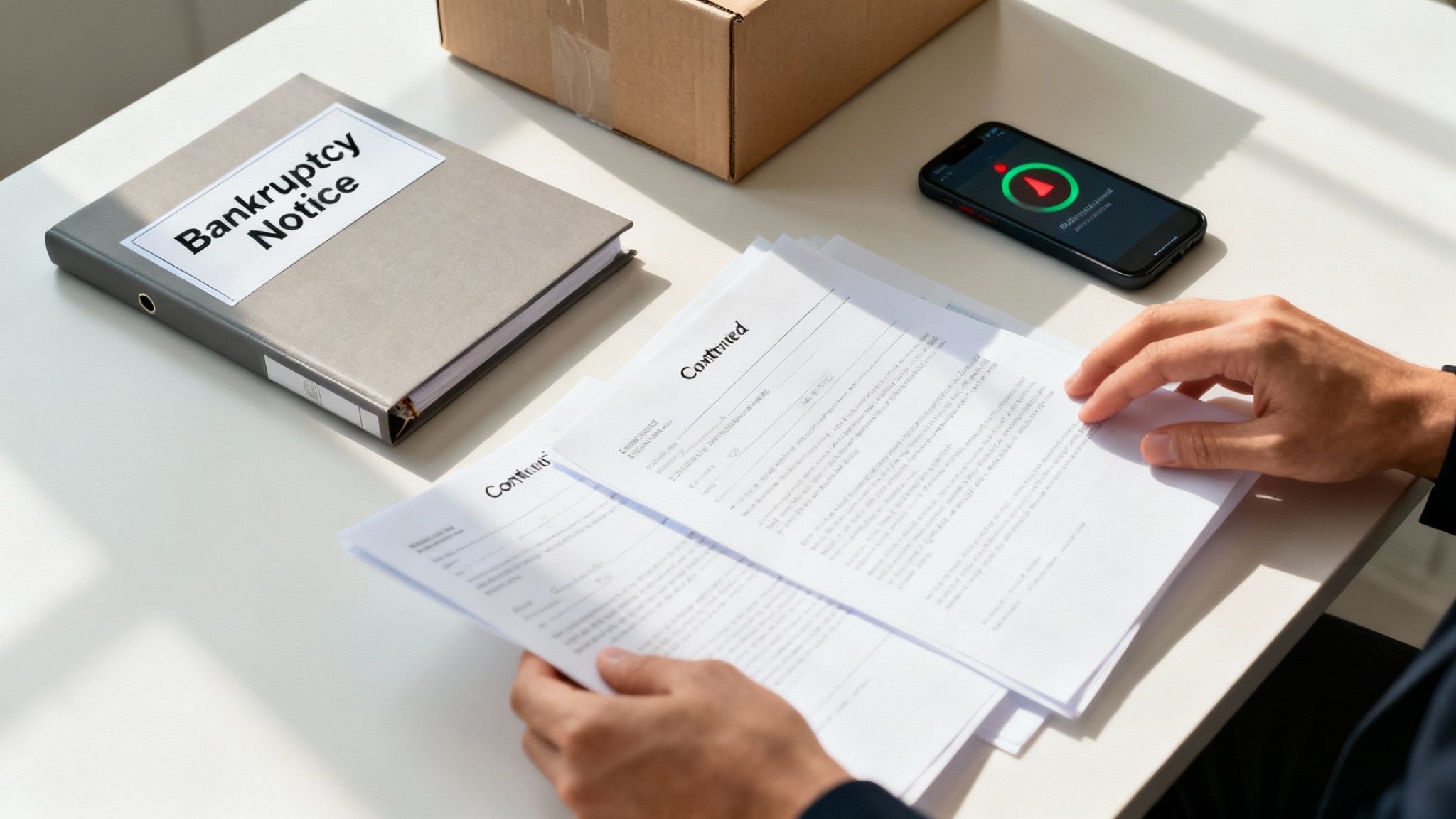 A person looking concerned while reviewing documents in an office setting