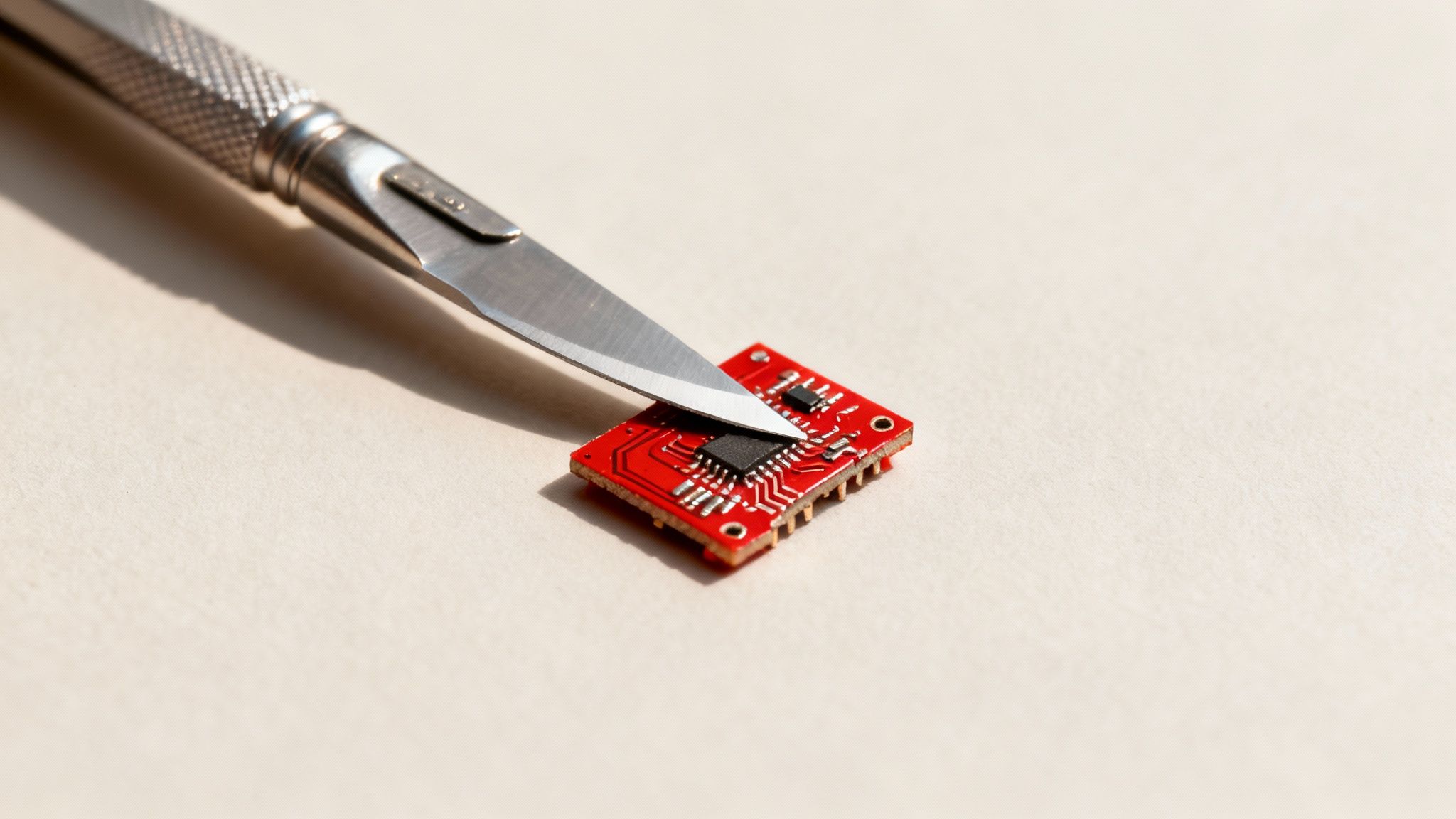 A detailed microchip with lines of light representing data, symbolising targeted technology sanctions against China