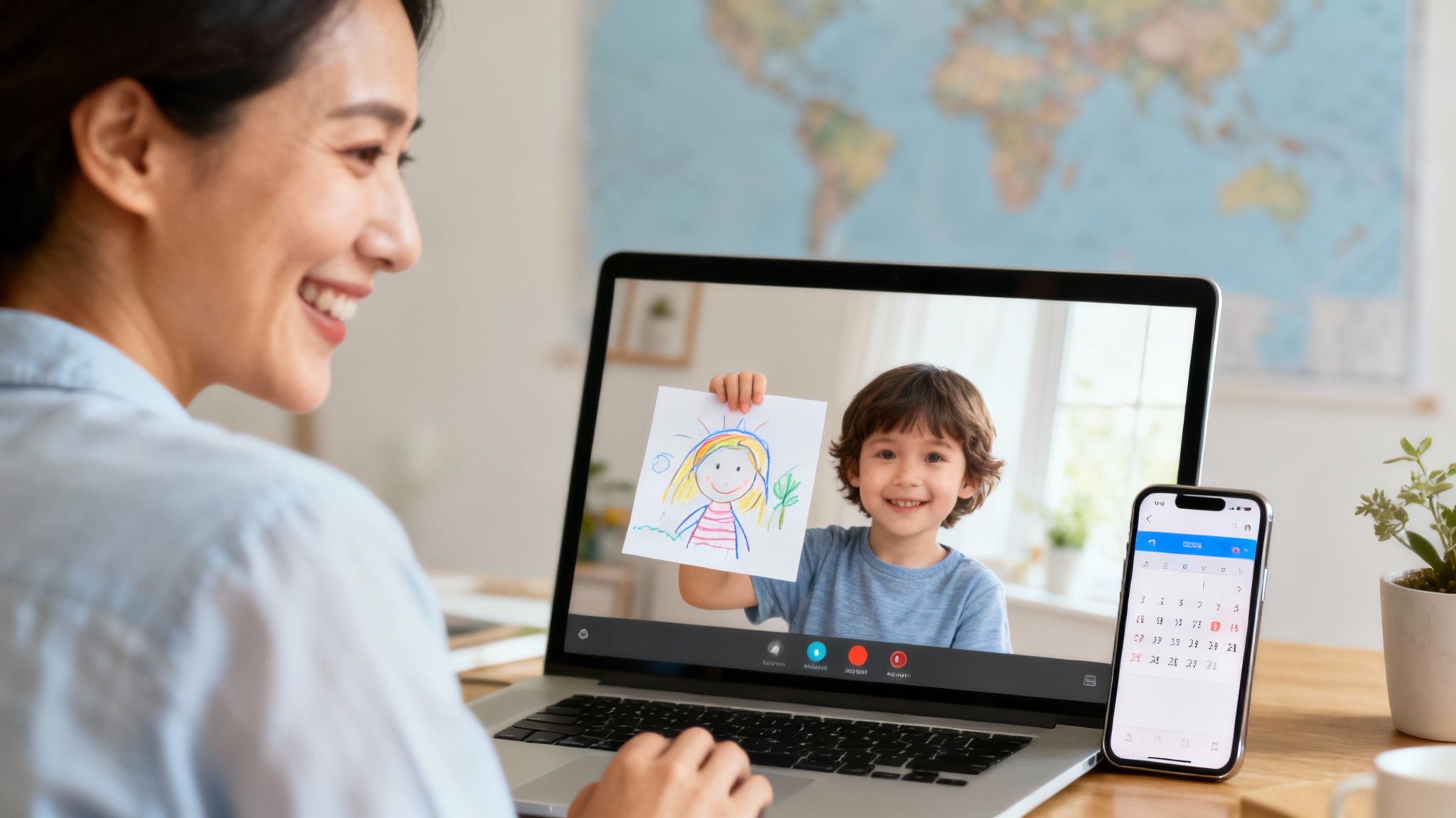 A parent and child connecting through a video call on a tablet, both smiling and engaged in the conversation.