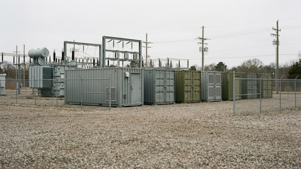 A row of container-sized battery storage units on a fenced site beside a substation