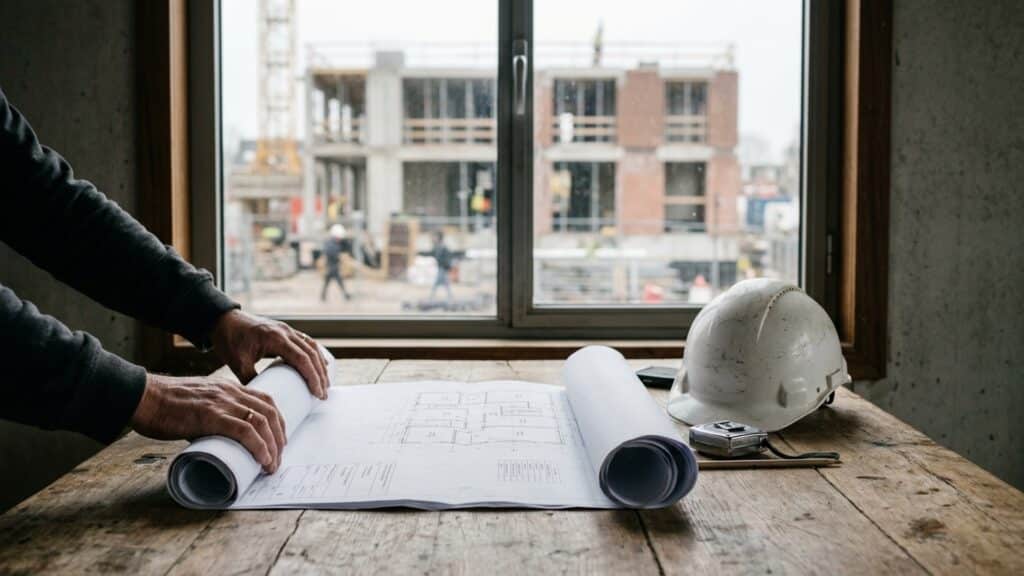 A rolled set of building drawings and a hard hat on a table overlooking a Dutch construction site